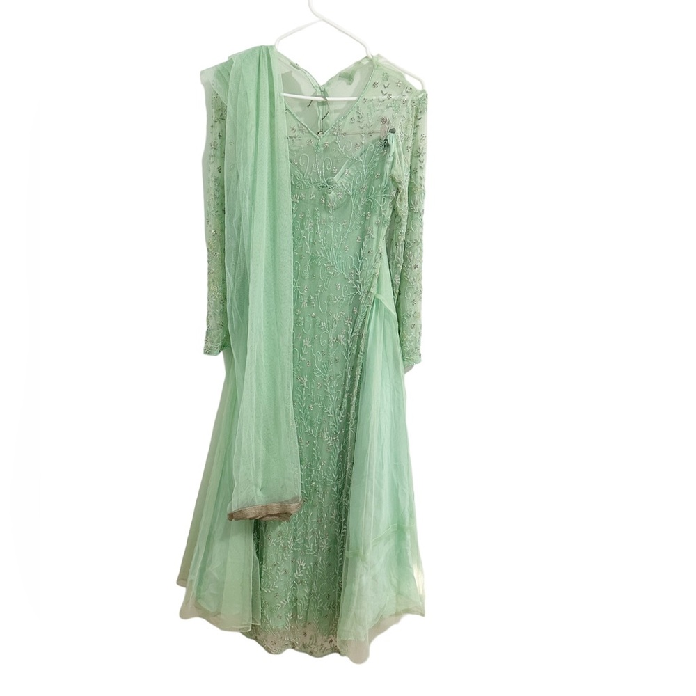 Light Aqua Salwar With Silver Embroidery, matching skirt and a matching dupatta